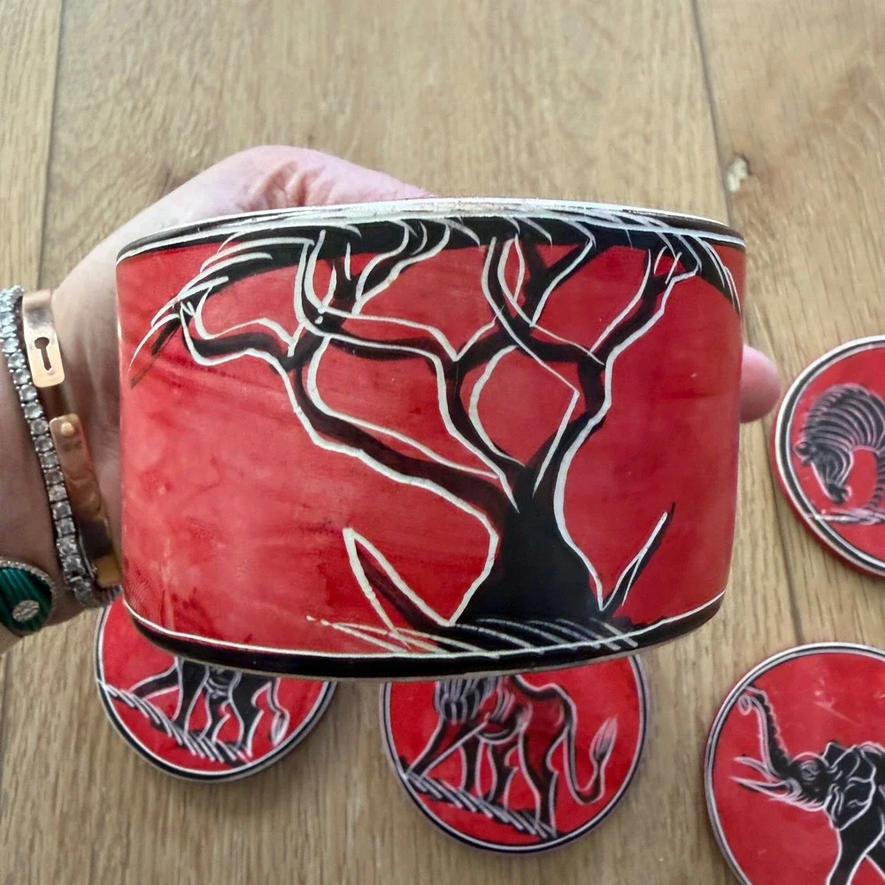 African Soapstone Coaster Set of 6 with Holder Red Black Etched Safari Animals